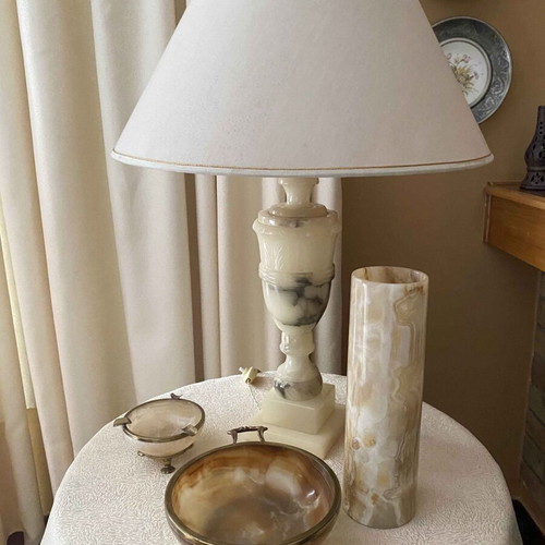 Vintage Onyx Marble Set Made in Italy with Lamp, Vase, Bowl & Ashtray