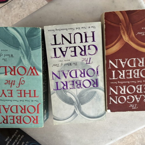 The Wheel of Time books used, first six by Robert Jordan, English
