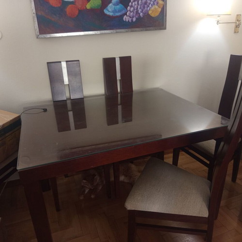 Wooden dining set with six fabric chairs, beige