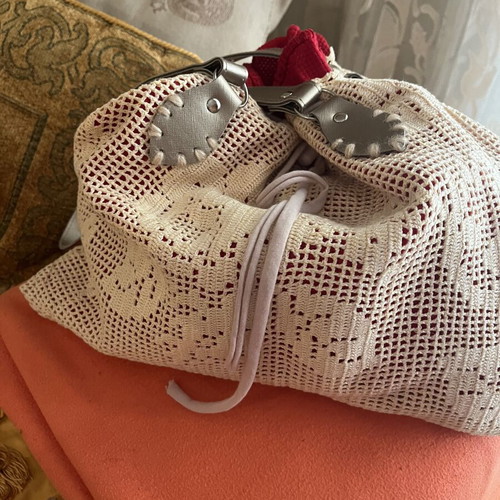Handmade bag with leather handles, new, white and beige