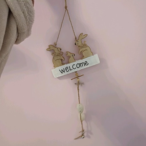 Hanging wooden decorative Easter sign rabbits like new