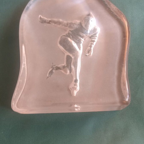 Bergdala Glasbruk Vintage Crystal Paperweight Ice Speed Skater