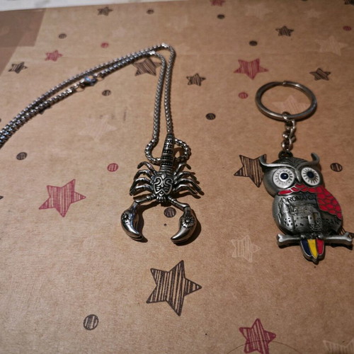 Owl and scorpion keychains new, detailed pack together