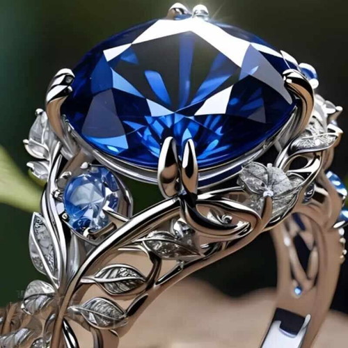 Women's ring with synthetic blue sapphire princess cut, silver floral design