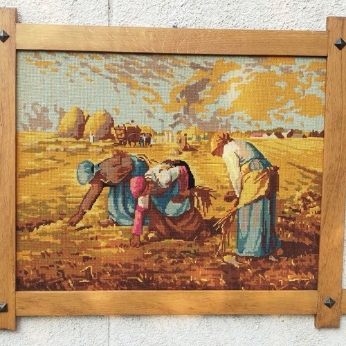 Hand-embroidered painting The Gleaners used with oak frame