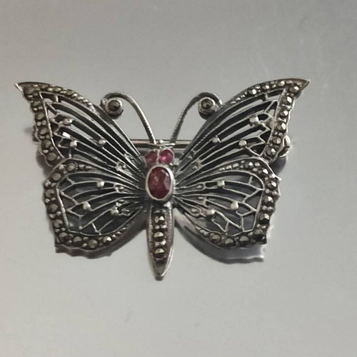Vintage Atelier silver butterfly brooch used with red stones and marcasites