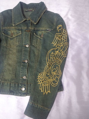 Extyn denim jacket vintage style with yellow mustard Celtic bird embroidery