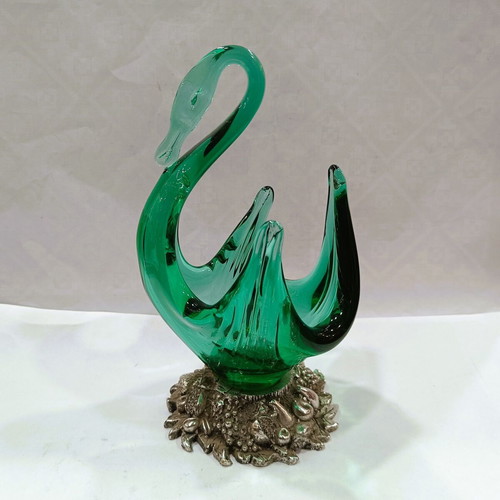Vintage glass decorative bowl green swan like new