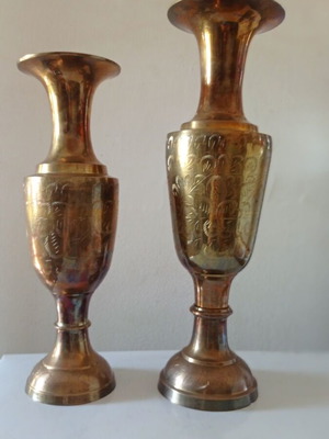 Brass vases set with carved design new, two pieces