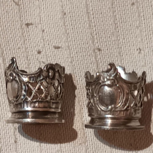 Vintage liqueur glasses set of 2 with ornate pewter holders like new
