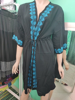 Kimono jacket one size, new, black with electric blue embroidery