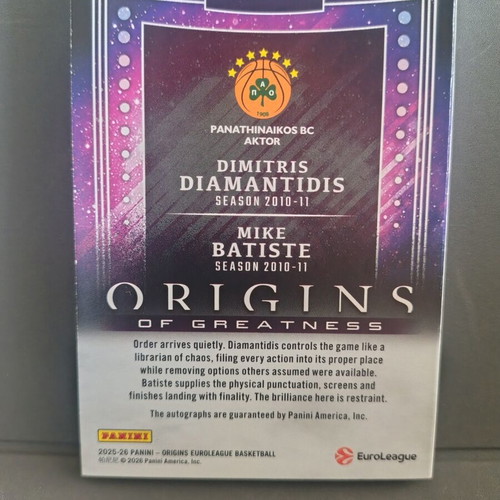 Panini Origins EuroLeague Origins of Greatness Booklet Auto Dimitris Diamantidis Mike Batiste like new