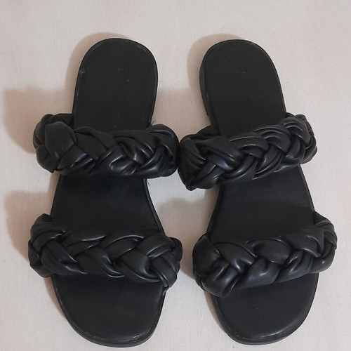 Slippers black leather women's used, size 36, braided straps