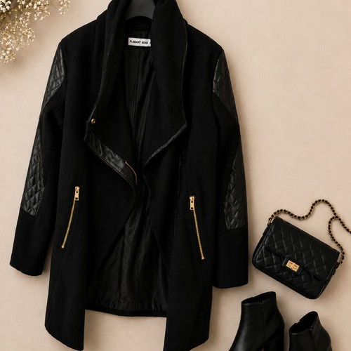 Coat with leather elements, black, size M