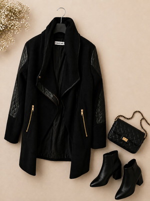 Coat with leather elements, black, size M