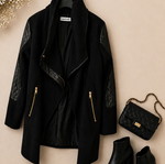 Coat with leather elements, black, size M