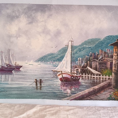 Large Oil Painting on Canvas Seascape 96×68 cm by B. HWAN