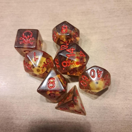 Amber skull D&D dice set with dice bag