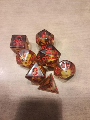 Amber skull D&D dice set with dice bag