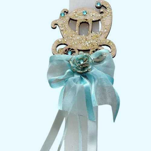 Easter candle with golden carriage and blue satin ribbons new