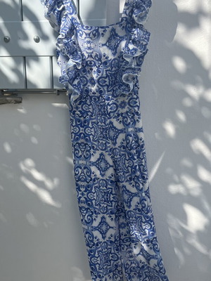 Brigitte jumpsuit size Small used, white and blue, summer outfit