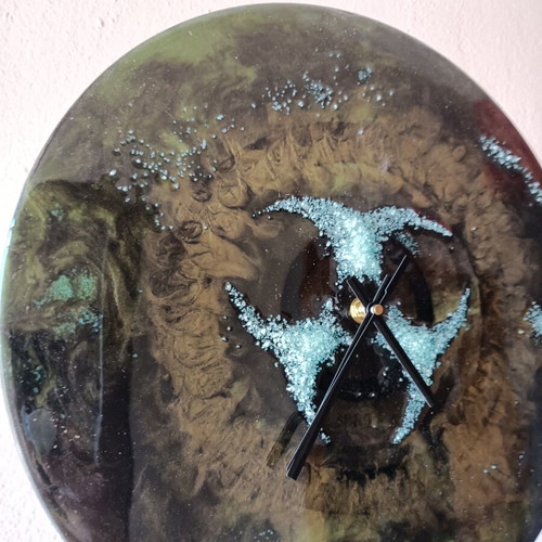 Handmade wall clock with liquid glass biohazard design