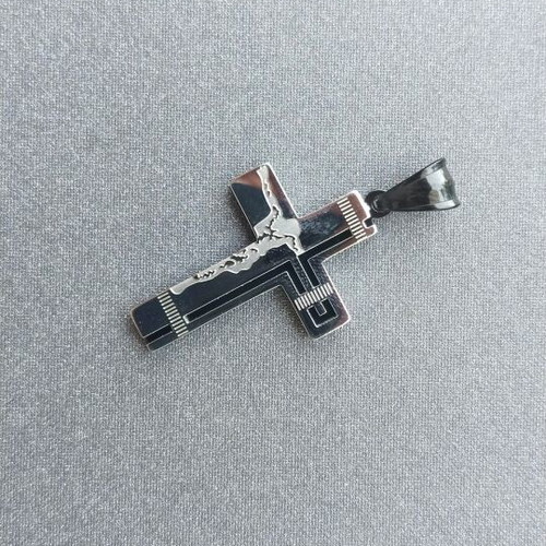 Steel cross pendant with crucifix new, black engraving