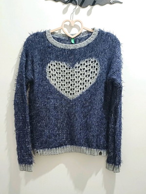Benetton girls' sweater 2XL like new, dark blue with grey