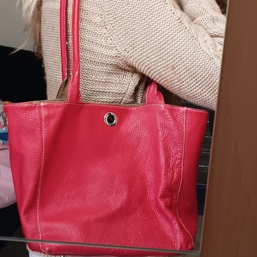 Red leather shoulder bag used with detachable wallet
