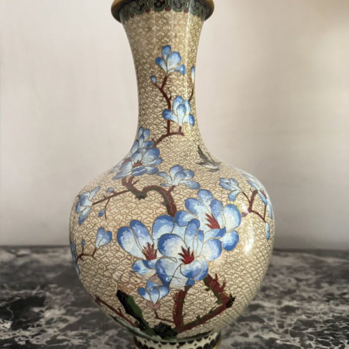 Pair of large Cloisonné vases 34 cm new with wooden bases