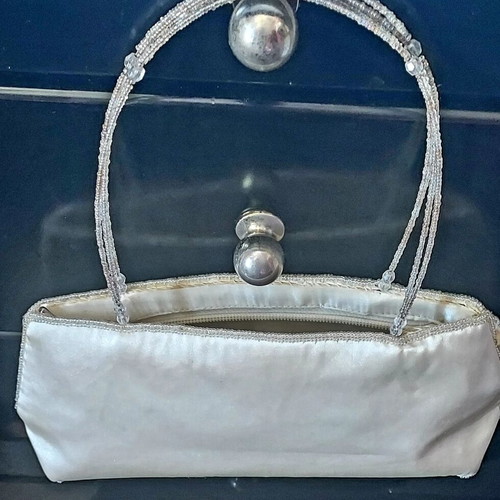 Evening bag used, shoulder type with beaded embroidery in white and gold