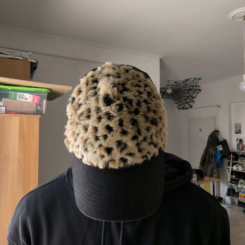 Jockey hat leopard print faux fur teddy style like new