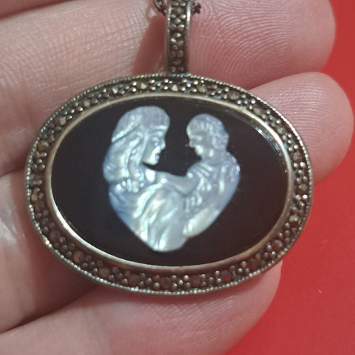 Vintage Silver Pendant 925 with Black Stone and Carved Jesus and Virgin Mary