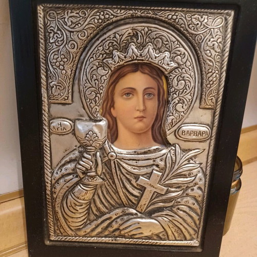 Saint Barbara silver icon 9.25 in excellent condition
