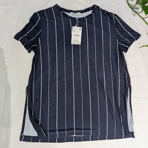 Zara Trafaluc Striped T-Shirt Size M New Navy Blue