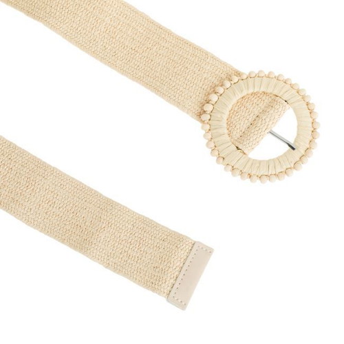 Women's summer straw elastic belt beige with round buckle 105x5cm