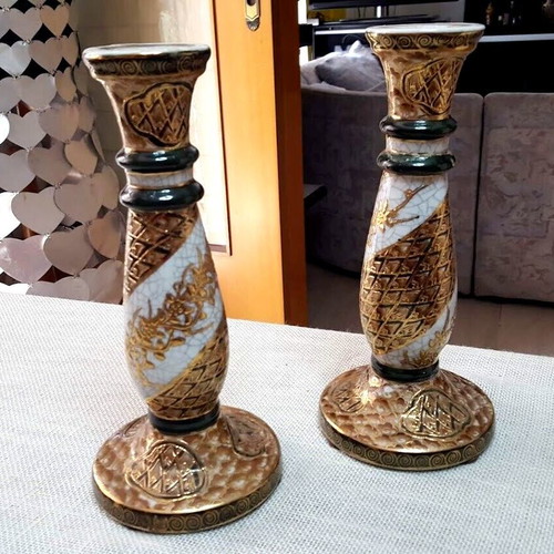 Royal Satsuma porcelain candlesticks set used, hand-painted