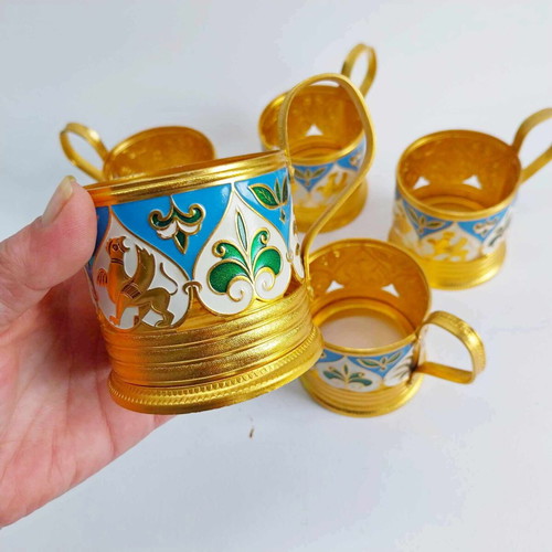 Set of 5 USSR enamelled aluminium podstakanniks, without glasses