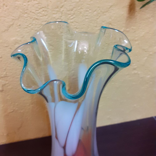 Glass vase used, vintage artistic blown glass with white and orange colors