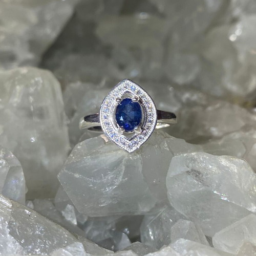 Handmade silver ring with natural blue sapphire and moissanites, size 10