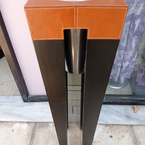 Decorative floor planter used, wood, leather, metal