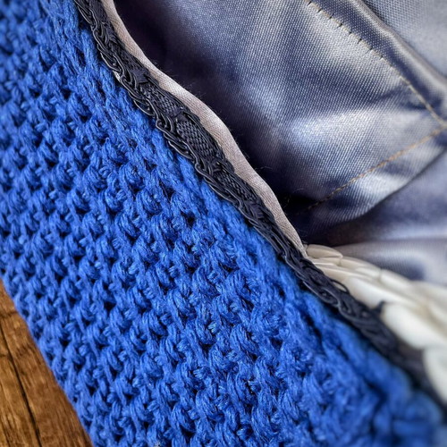 Crochet shoulder bag new, blue with white chain