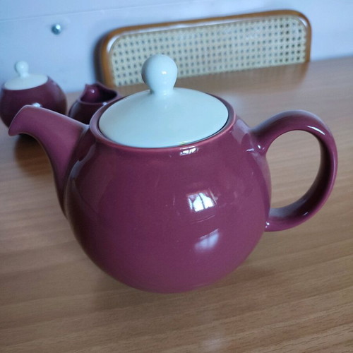 Clay teapot, sugar bowl and creamer with white lid, maroon, new