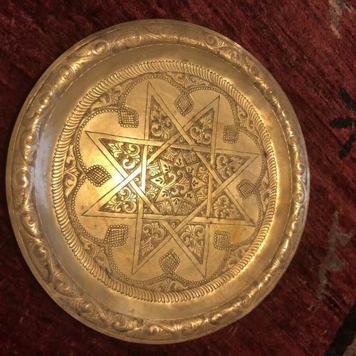 Vintage brass Moroccan tray 35cm used, handmade engraving