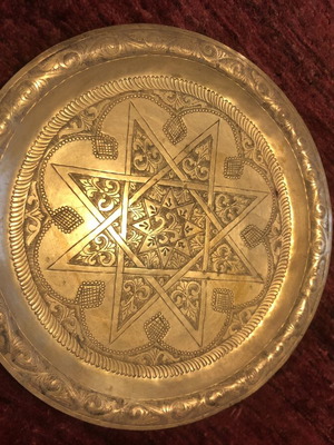 Vintage brass Moroccan tray 35cm used, handmade engraving