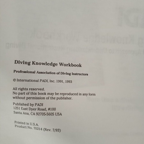 PADI Diving Knowledge Workbook 1993 used