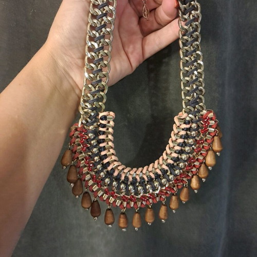 Boho necklace made of steel with leather and wood like new, multicolor