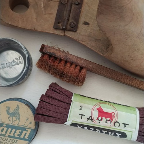 Vintage Shoe Care Set with Wooden Shoe Last, Brush, Camel Polish, Kazazis Laces
