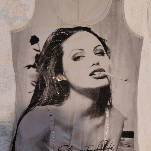 Top with girl print and rhinestones used, gray