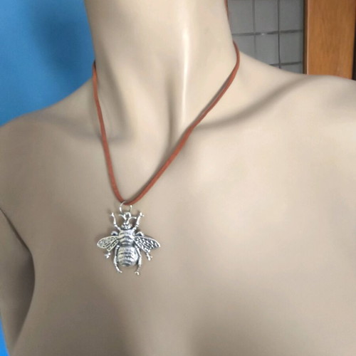 Necklace new with brown velvet strap and silver bee pendant